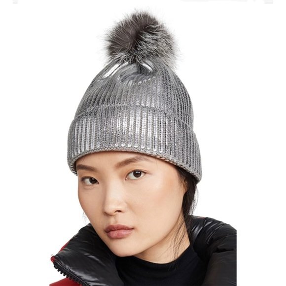 Adrienne Landau Metallic Silver Beanie with Pink Pom Pom - Picture 4 of 7